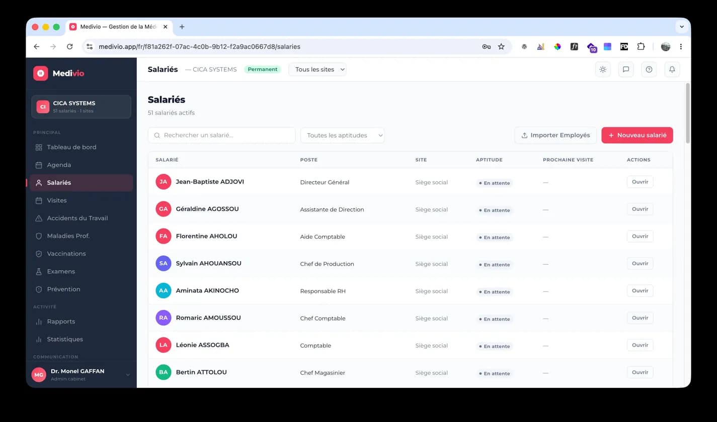 Page Salariés de Medivio : liste filtrable des employés suivis